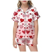 Girls Silk Pajamas Size 7-8 Heart Print Button Down Short Sleeve Pjs Silk Tops and Shorts Valentine's Day Pjs Sleepwear Set Comfy Sleepwear for Kids and Boys Red,6-7 Years